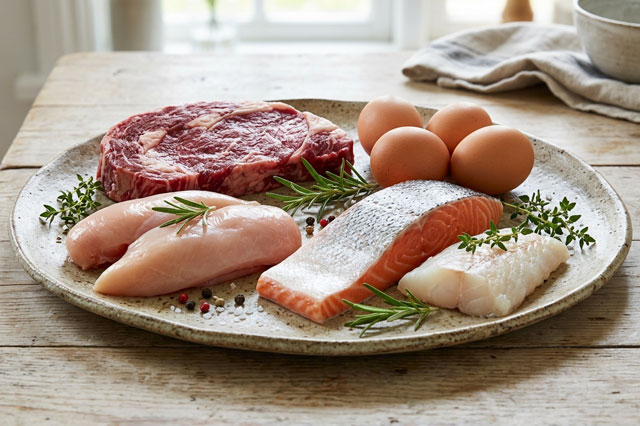 Aliments riches en protéines animales : viande, œuf, poisson