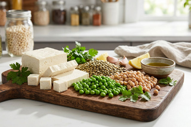 Aliments riches en protéines végétales : lentilles, pois chiches, tofu
