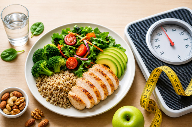 Comment perdre du poids : assiette équilibrée et balance