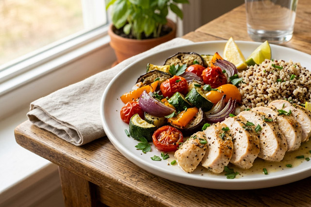 Plat diététique poulet et légumes