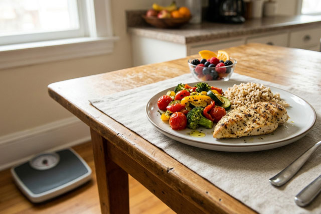 Régime minceur : assiette équilibrée et balance