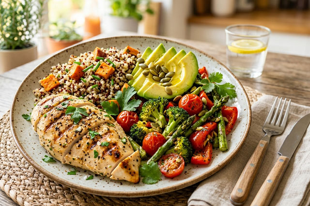 Repas protéiné équilibré avec légumes, féculent et bonnes graisses